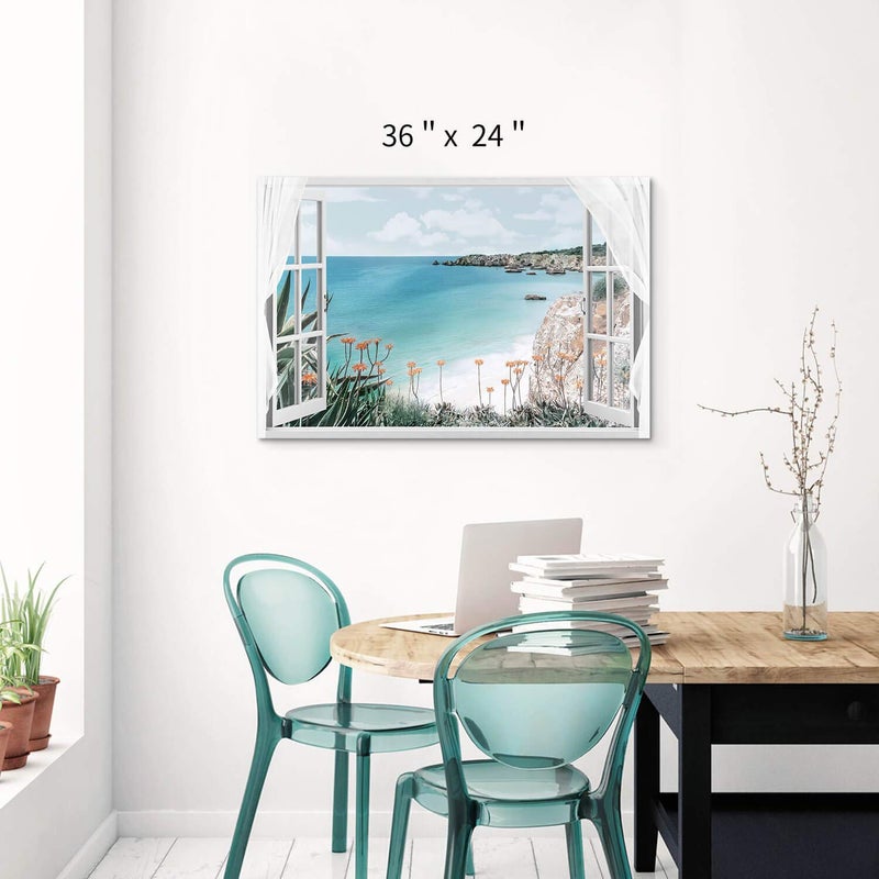 Hardy Gallery Window Canvas Art Sea Picture: Open Window into Blue Ocean with Beach Wall Art Coastal Artwork for Bedroom (36'' x 24'' x 1 Panel) - Image 2